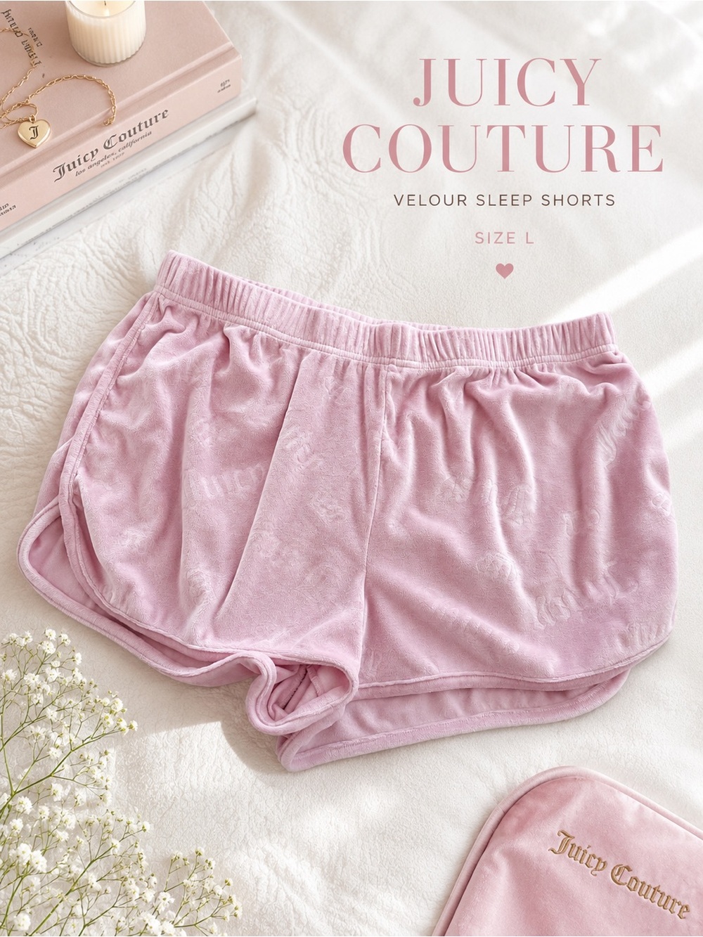 Juicy Couture Velour Sleep Shorts – Blush Pink Monogram Lounge Shorts – Size L
